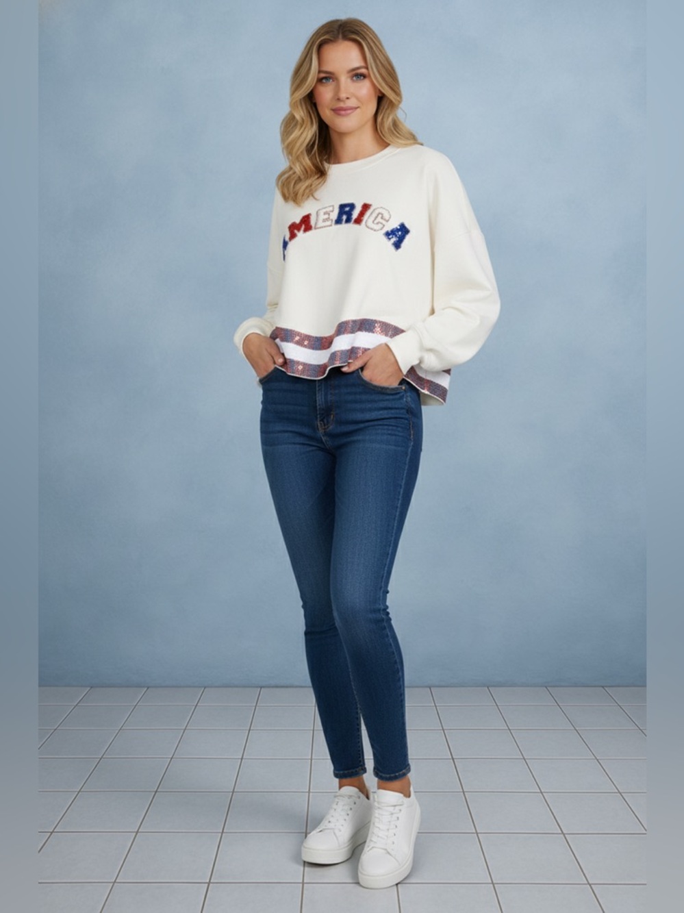THE AMERICANA CREW LONG SLEEVE SEQUIN CROP PULLOVER SWEATER
White - Picture 1 of 10